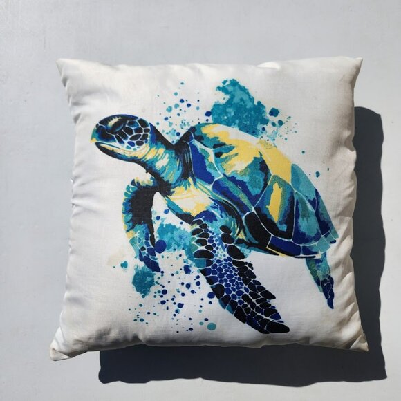 Outdoor Throw Pillow 16" Reversible Sea Turtle Nautical Ocean Coastal Crafted fr - Picture 2 of 11